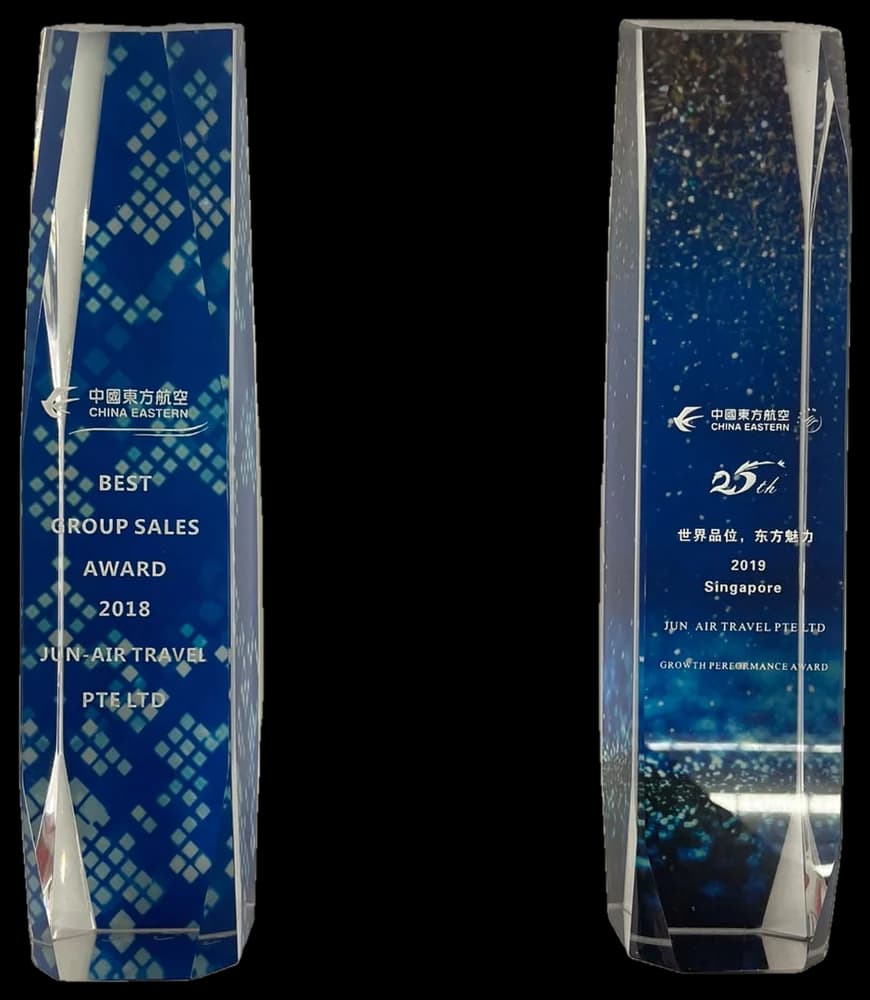 Two China Eastern Airlines crystal awards to JUN-AIR Travel, Best Group Sales 2018 and Growth Performance 2019