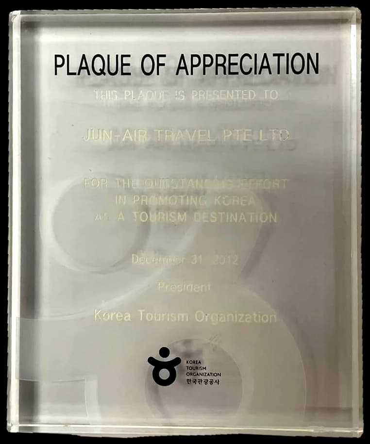 Korea Tourism Organization plaque of appreciation presented to JUN-AIR Travel, December 2012