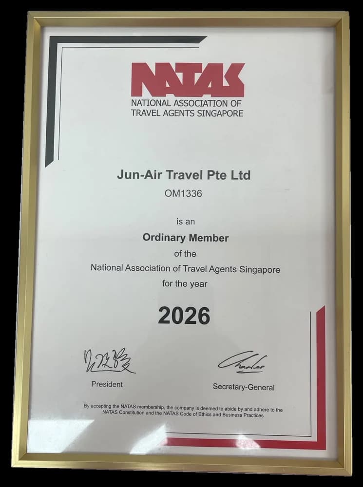 NATAS ordinary member certificate OM1336 for JUN-AIR Travel Pte Ltd, 2026