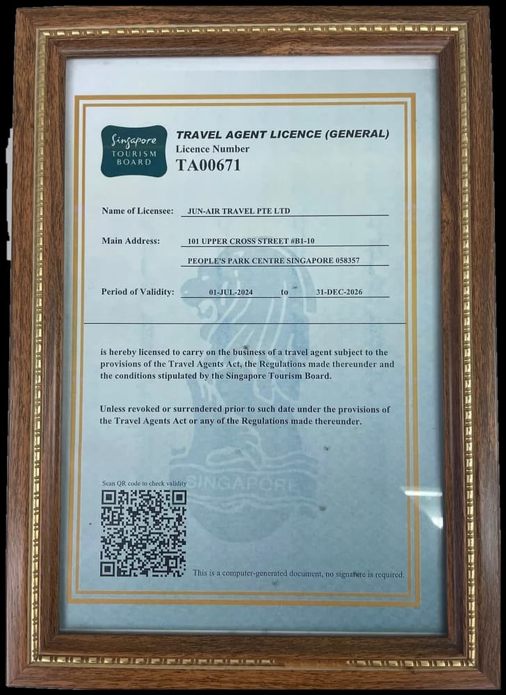 Framed Singapore Tourism Board travel agent licence TA00671 issued to JUN-AIR Travel Pte Ltd