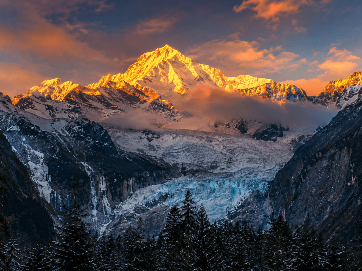 Hailuogou glacier and snow peaks